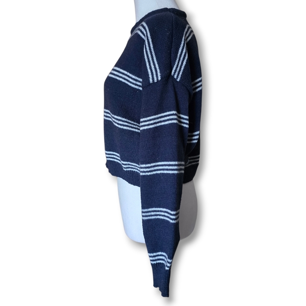 Romwe Navy Blue Striped Cropped Oversize Sweater - Size Small - Picture 4 of 7